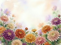 Watercolor chrysanthemum border with colorful blooms in orange, purple, and yellow on a soft pastel background with copy space.