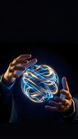 Hands holding glowing neon sphere with blue and gold light trails on dark background. Represents innovation, technology, energy, and creative ideas for business and design projects.