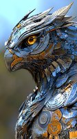 Mechanical eagle head with glowing amber eye and intricate metallic details in silver, chrome and copper tones against blurred background. Fantasy robotic bird art.