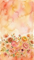 Soft watercolor floral background with a heart and blooming roses in warm peach, coral, and golden tones, perfect for cards and invitations.