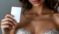 Young woman with manicured nails holding blank white card, wearing lace top against gray background. Perfect for business, identity, or wedding concepts.