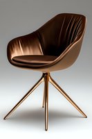Modern brown leather swivel chair with metallic copper base featuring pleated upholstery and contemporary shell design on gradient background.