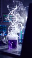 DNA double helix structure emerging from purple chemical solution in laboratory with smoke effects for genetic research and biotechnology concepts.
