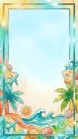 Tropical beach frame with palm trees, ocean waves, seashells, and lounge chairs on sandy shore, ideal for summer vacation invitations, travel brochures, and seasonal marketing materials.