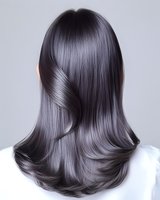 Back view of long, sleek silver-gray hair styled with smooth layers and gentle waves against light background, showcasing modern hair coloring and styling techniques.