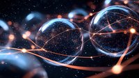 Glowing spheres connected by luminous orange energy streams float in starry space, creating futuristic network visualization with blue ethereal light effects.