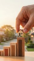 Male hand placing miniature wooden house on ascending wooden blocks with residential neighborhood background during golden hour.