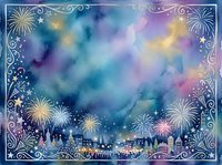 Festive night sky with fireworks bursting over a silhouetted cityscape, surrounded by ornate decorative borders and swirling patterns. Watercolor style with blue, purple, and gold tones. Perfect for New Year's Eve, celebrations, and holiday designs.