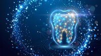 Digital tooth hologram with glowing neural network connections and particles on dark blue background for dental technology and healthcare innovation concepts.