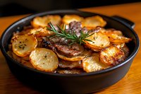 Roasted sliced potatoes with tender meat and fresh rosemary in cast iron skillet, golden brown and crispy edges, served on wooden table. Perfect for food blogs.
