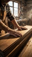 Skilled carpenter working with wood planks in traditional workshop with natural sunlight streaming through window creating warm atmosphere.