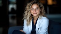 Young female medical professional in white coat and navy scrubs smiling warmly at camera with confident expression, wavy blonde hair frames face against dark background.