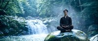 Young Asian businessman in suit meditating in lotus position on moss-covered rock beside forest waterfall, finding zen balance in nature for stress relief.