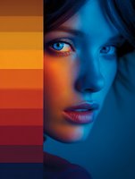 Young woman portrait with dramatic blue and orange neon lighting creating cinematic mood for fashion photography and creative projects.