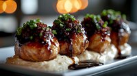 Glazed meatballs topped with fresh herbs served on creamy sauce, garnished with microgreens and spices. Restaurant quality appetizer with bokeh lights background.