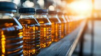 Plastic bottles filled with amber liquid on production line with warm sunlight. Manufacturing facility conveyor belt shows industrial bottling process.