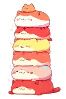Cute kawaii cats stacked in pastel colors with smiling faces, forming tower shape. Cartoon style illustration on white background, ready for merchandise and stationery design.