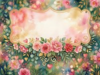 Vintage floral frame with pink roses, green foliage, and ornate gold border on soft bokeh background. Perfect for wedding invitations, greeting cards, and romantic design projects.