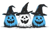 Three smiling pumpkin lanterns wearing witch hats in blue and white colors, hand drawn style sketch with spooky Halloween expressions on isolated background.