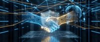 Digital handshake with glowing network connections representing business partnership, technology collaboration and futuristic communication concepts.