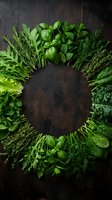 Fresh green herbs arranged in circular frame on dark wooden background for culinary cooking and healthy eating concepts.