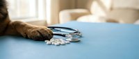 Cat paw near stethoscope and white pills on blue medical table in veterinary clinic office for pet healthcare and animal medicine consultation.
