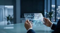 Businessman holding transparent tablet displaying digital network connections and data analytics in modern office environment for technology presentations.
