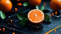 Fresh juicy orange half with green leaves on dark futuristic background with glowing dots and lines, modern food concept for healthy eating and technology.
