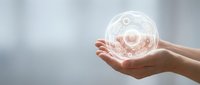 Hands holding glowing transparent sphere with swirling energy patterns against soft blurred background for business innovation and future technology concepts.