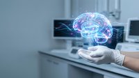 Digital brain hologram floating above open palm in modern medical laboratory showcasing artificial intelligence and neuroscience technology innovation.