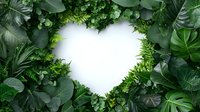Heart-shaped frame created by lush green tropical leaves and foliage on white background, symbolizing love for nature and environmental care.