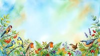 Watercolor garden birds perched among wildflowers, berries and lush foliage, soft pastel sky background with copy space for text.