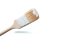 Paint brush with natural bristles and wooden handle isolated on white background, casting soft shadow. Professional tool for home renovation and art.