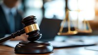 Wooden judge gavel and scales of justice on lawyer desk in courtroom, dramatic lighting with blurred legal professional in background for law concept.