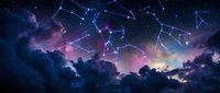 Mystical night sky with glowing constellation patterns and cosmic nebula clouds in purple and blue hues creating magical celestial atmosphere for astronomy designs.
