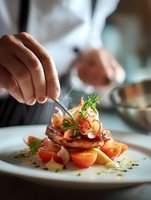Professional chef garnishing gourmet dish with fresh herbs in restaurant kitchen. Fine dining culinary artistry and food presentation for upscale dining experience.