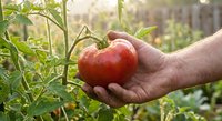 Fresh ripe red tomato in farmer's hand at organic garden with green plants and warm sunlight for healthy harvest and sustainable agriculture concept.