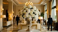 Elegant luxury hotel lobby with large white floral arrangement in silver vase, golden chandeliers, and well-dressed guests walking through opulent interior.