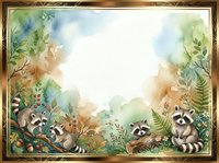 Watercolor woodland scene with raccoons, ferns, and foliage framing a bright central space. Isolated on white background, ready for invitations, nursery decor, and children's design projects.
