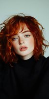 Young woman with vibrant red curly hair, freckles, and bright blue eyes wearing black turtleneck sweater against light background, natural makeup look.