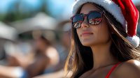Young Hispanic woman wearing Santa hat and sunglasses with reflection smiling outdoors on sunny day, enjoying festive winter holiday atmosphere.