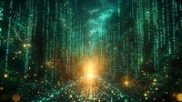 Digital matrix code rain with glowing particles and bright central light burst creating futuristic cyber technology atmosphere for sci-fi designs.