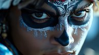 Close up portrait of woman wearing silver glitter carnival mask with dramatic eye makeup and mysterious expression in blue atmospheric lighting.