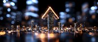 Glowing arrow pointing upward over illuminated city skyline at night with bokeh effect and water reflection.