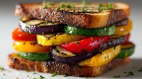 Grilled vegetable sandwich with colorful bell peppers, zucchini and eggplant on toasted bread, healthy vegetarian meal for lunch or dinner preparation.