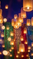 Glowing paper lanterns floating in night sky with colorful ornate fabric banners creating magical festival atmosphere for celebration events.