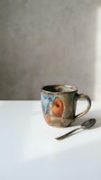 Handmade ceramic mug with colorful glazed finish and metal spoon on white table against textured gray wall background for kitchen and dining concepts.