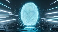 Digital fingerprint hologram with glowing blue light rays and data particles for cybersecurity authentication technology concepts on dark background.