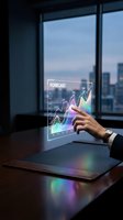 Businessman touching a glowing holographic forecast chart in a modern office, futuristic data analytics and financial growth concept.
