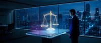 Professional businessman analyzing holographic justice scales in modern office overlooking illuminated city skyline at night representing legal technology solutions.